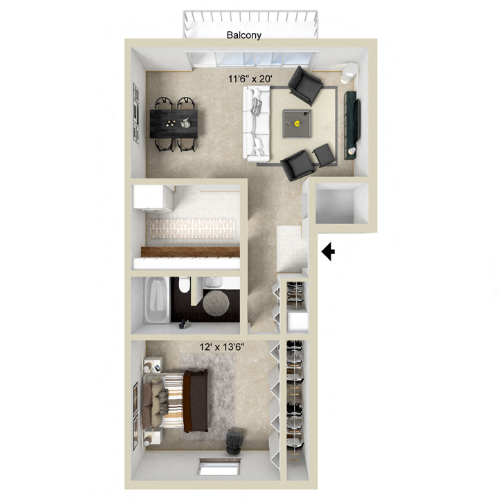 Floor plan for 1 bed, 1 bath, 797 sqft
